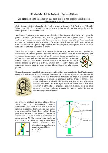 Eletricidade – Lei de Coulomb – Corrente Elétrica Atenção ... - UFMG