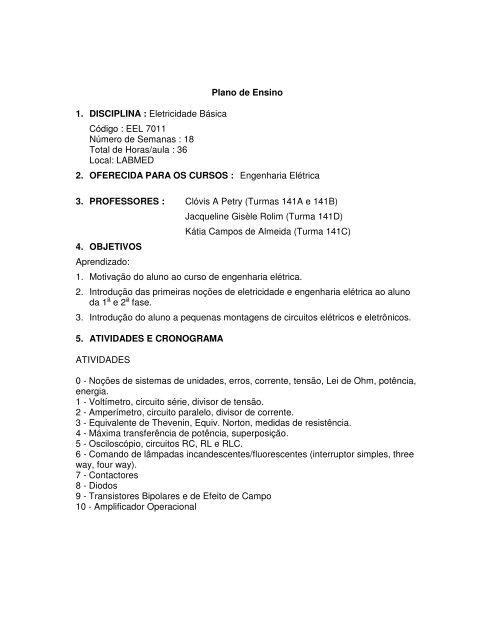 Plano de Ensino 1. DISCIPLINA : Eletricidade Básica ... - labspot