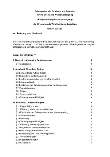 Entgeltsatzung Wasserversorgung - Verbandsgemeinde ...