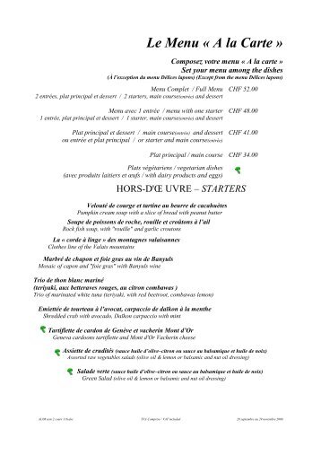 Le Menu « A la Carte » - Restaurant Vieux-Bois.ch