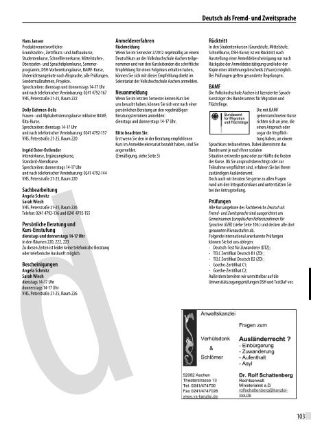 103 Deutsch als Fremd- und Zweitsprache - Volkshochschule Aachen