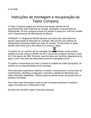 Instruções de montagem e recuperação da Taylor Company