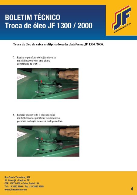 BOLETIM TÉCNICO Troca de óleo JF 1300 / 2000 - JF Máquinas ...