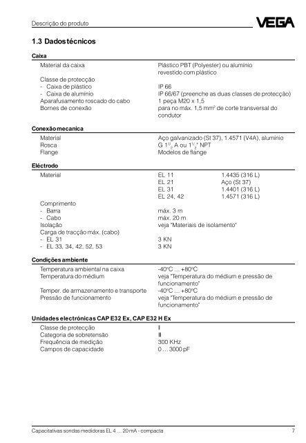 Capacitativas sondas medidoras EL 4 … 20 mA - compacta - Vega