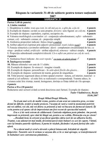 Răspuns la variantele 31-40 de subiecte pentru testare naţională 2007