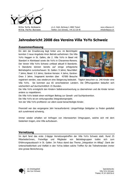 Jahresbericht 2008 des Vereins Villa YoYo Schweiz