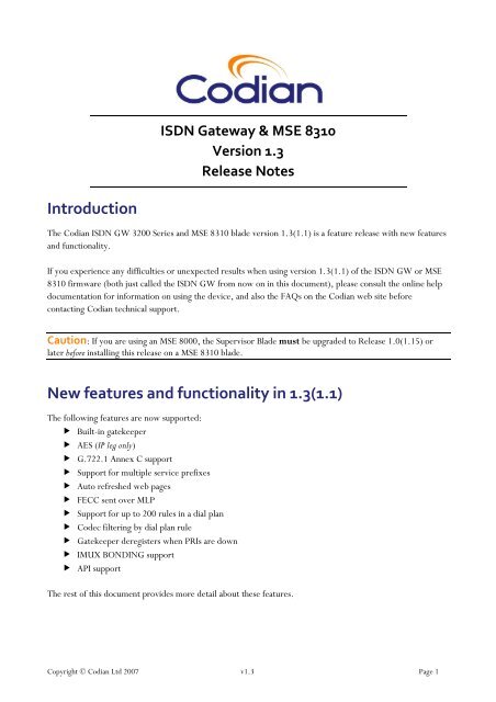 Codian ISDN Gateway Version 1.3 (1.1) Release Notes - Vidofon