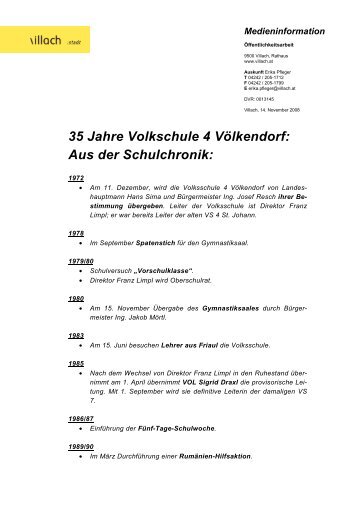 35 Jahre Volkschule 4 VÃ¶lkendorf: Aus der Schulchronik: - Villach