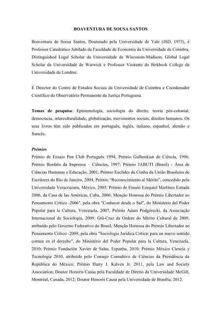 Nota biográfica - Boaventura de Sousa Santos