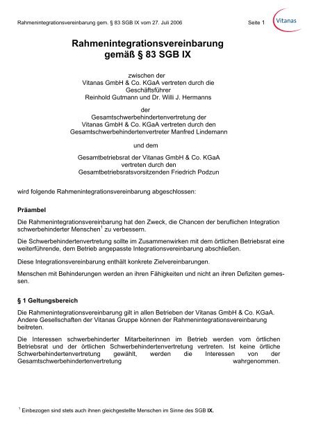 Rahmenintegrationsvereinbarung gemäß § 83 SGB IX - Vitanas