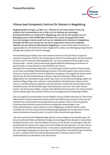 Presseinformation Vitanas baut Kompetenz Centrum für Demenz in ...