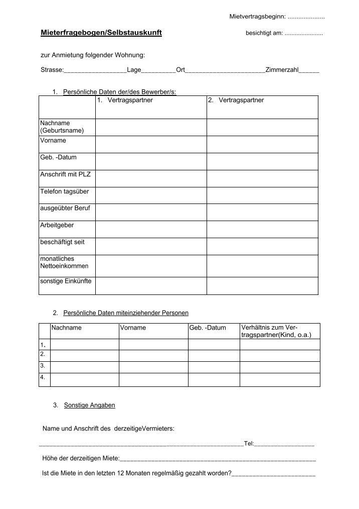 Mieterselbstauskunft Kostenlos Zum Ausdrucken