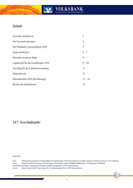 Geschäftsbericht 2010 - Volksbank Kaiserslautern-Nordwestpfalz eG
