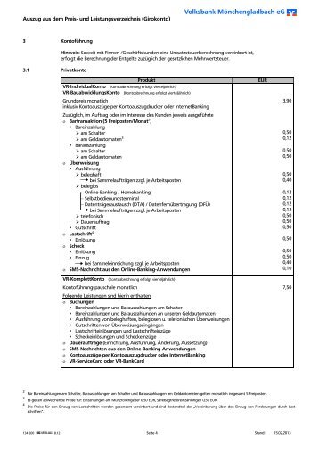 Auszug aus dem Preis- und Leistungsverzeichnis (Girokonto)