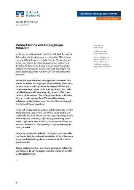 Volksbank Brenztal Ehrt Ihre Langjahrigen Mitarbeiter