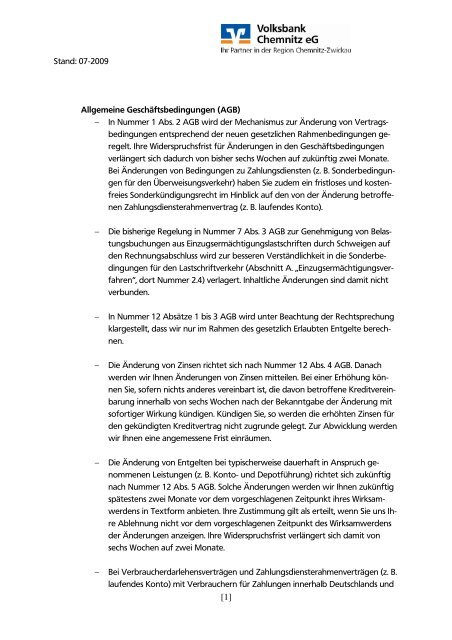 Erläuterungen zu den geänderten AGB - Volksbank Chemnitz eG
