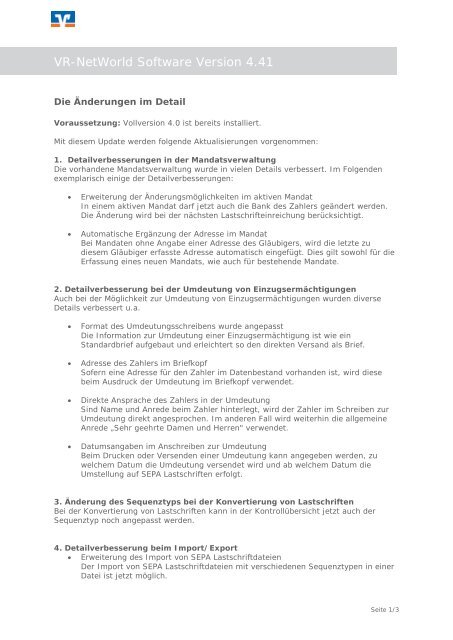 Änderungen in der Version 4.41 - Volksbank Chemnitz eG