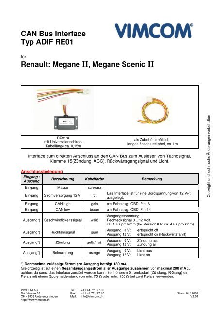 CAN Bus Interface Typ ADIF RE01 Renault: Megane II ... - Vimcom