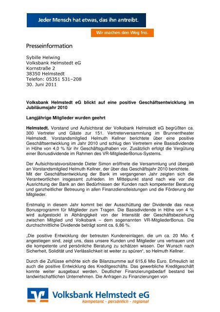 151 Vertreterversammlung Der Volksbank Helmstedt Eg