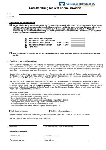 Einwilligungserklärung - Volksbank Helmstedt eG