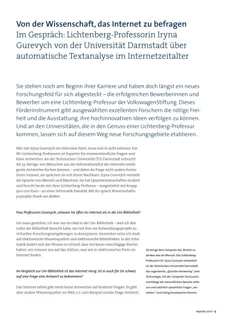 Impulse für die Wissenschaft 2010 - VolkswagenStiftung