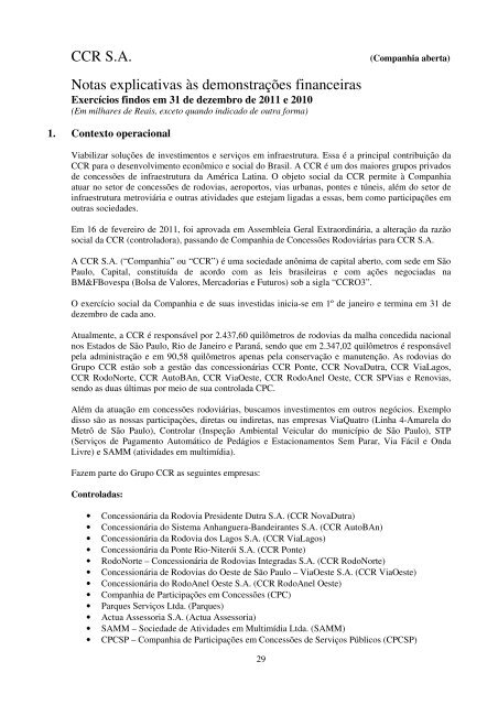 CCR S.A. (Companhia aberta) Demonstrações financeiras em 31 de ...