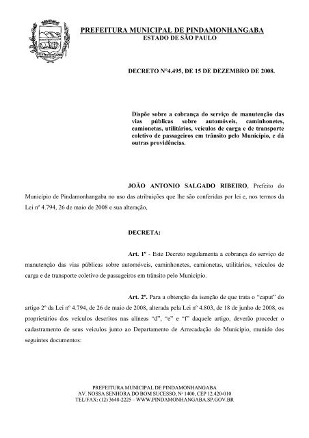 Decreto nº 4.495_2008 - Pedágio Municipal - Pindamonhangaba