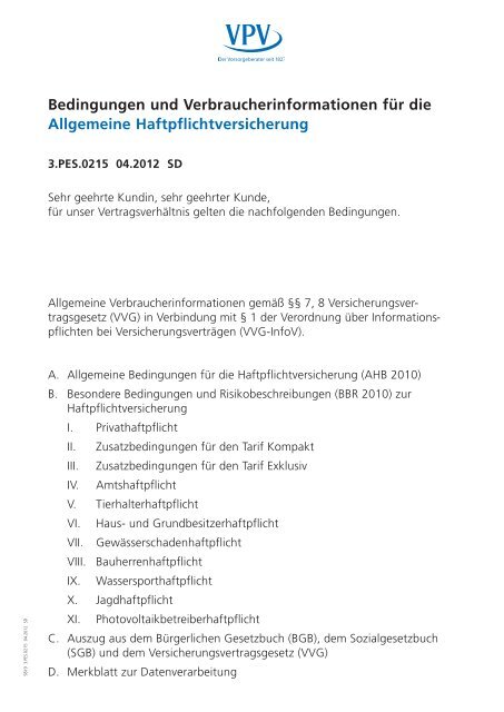 Bedingungen und Verbraucherinformationen für die Allgemeine ...