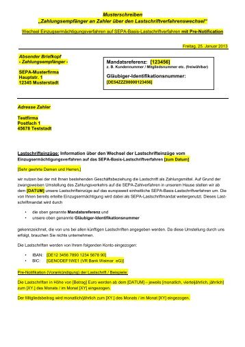 Musteranschreiben zum Wechsel Einzugsermächtigungsverfahren ...