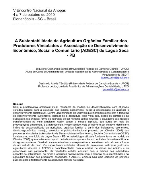 A Sustentabilidade da Agricultura Orgânica Familiar dos ... - ANPPAS