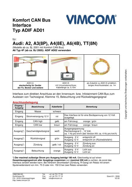 Komfort CAN Bus Interface Typ ADIF AD01 Audi: A2, A3 ... - Vimcom