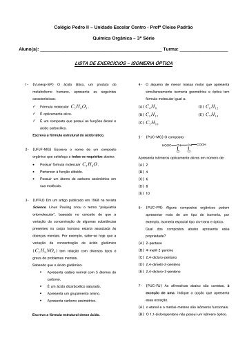 lista de exercícios – isomeria óptica - Colégio Pedro II - UE Centro