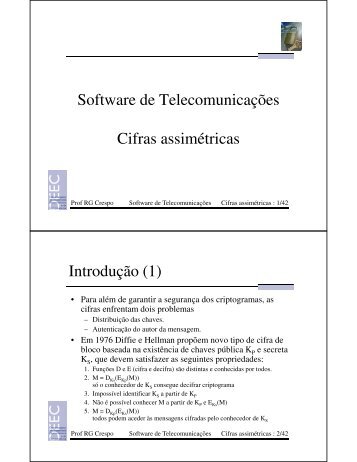 Software de Telecomunicações Cifras assimétricas Introdução (1)