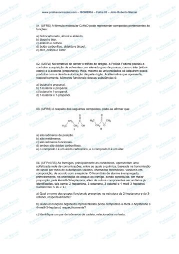 01. (UFRS) A fórmula molecular C2H6O pode ... - Professor Mazzei