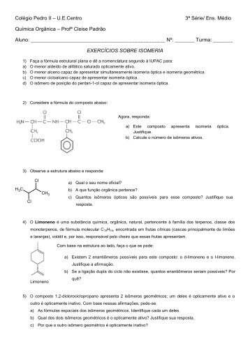 Ens. Médio Química Orgânica – Profª Cleise Padrão Aluno