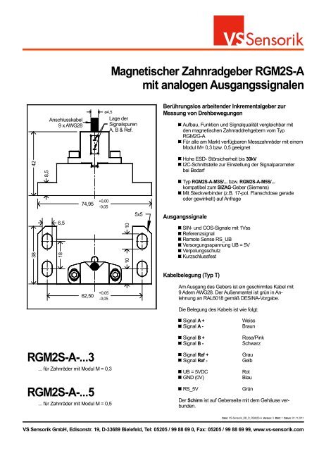 Magnetischer Zahnradgeber RGM2S-A mit analogen ... - VS Sensorik