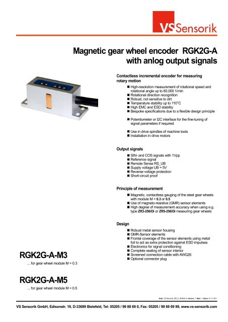 Magnetic gear wheel encoder RGK2G-A with anlog ... - VS Sensorik