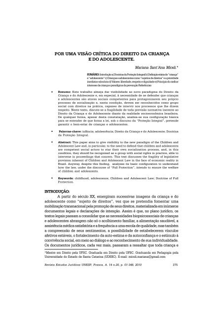 POR UMA VISÃO CRÍTICA DO DIREITO DA CRIANÇA E ... - Dialnet