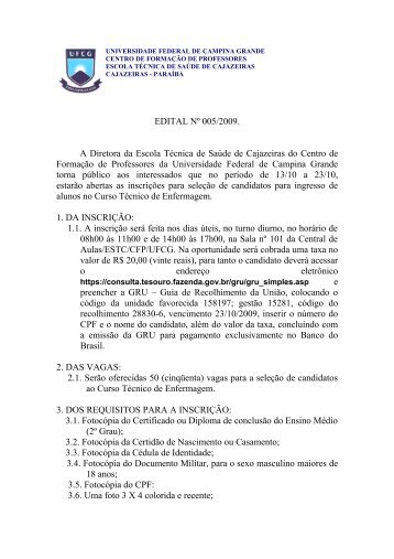 EDITAL Nº 005/2009. A Diretora da Escola Técnica ... - CFP - UFCG