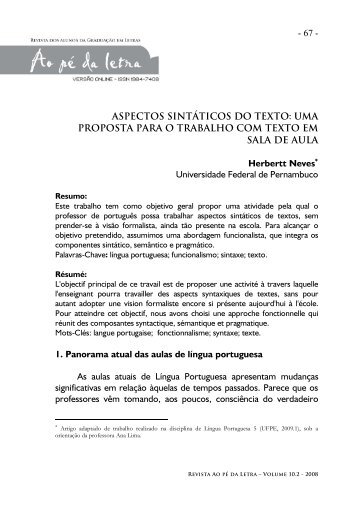 ASPECTOS SINTÁTICOS DO TEXTO - Revista Ao Pé da Letra