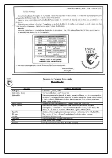 Assuntos das Provas de Recuperação 6º Ano M1/ M2