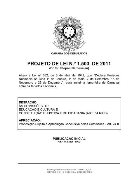 PROJETO DE LEI N.º 1.503, DE 2011 - Câmara dos Deputados
