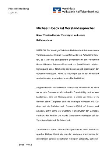 Michael Hoeck ist Vorstandssprecher - Vereinigte Volksbank ...