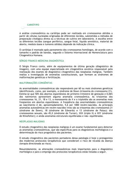 CARIÓTIPO A análise cromossômica ou cariótipo ... - Sergio Franco