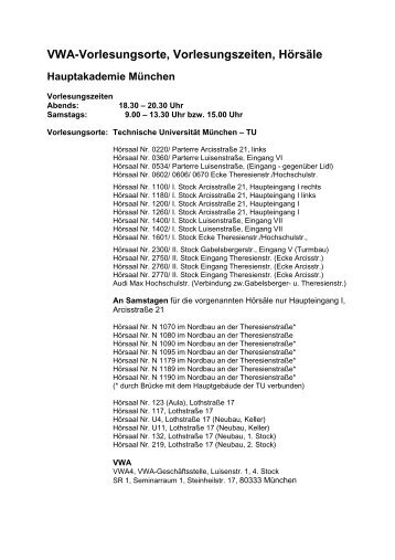 VWA-Vorlesungsorte, Vorlesungszeiten, Hörsäle - VWA München