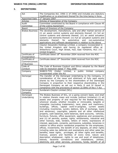 WABCO-TVS (INDIA) LIMITED INFORMATION MEMORANDUM ...