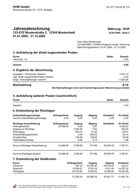 Jahresabrechnung - HVW Gmbh â Hausverwaltung Wachter