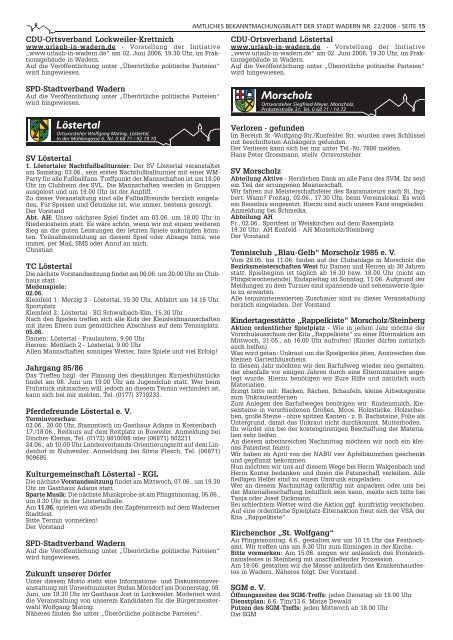 Altersjubilare - Wir gratulieren Niederschrift Nr. 05/2006 - Wadern