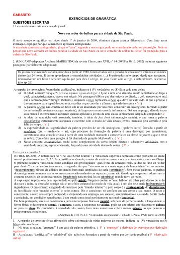 GABARITO EXERCÍCIOS DE GRAMÁTICA QUESTÕES ESCRITAS ...