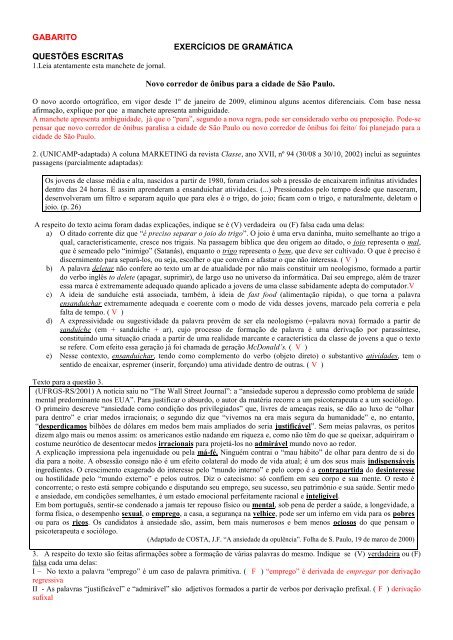 GABARITO EXERCÍCIOS DE GRAMÁTICA QUESTÕES ESCRITAS ...